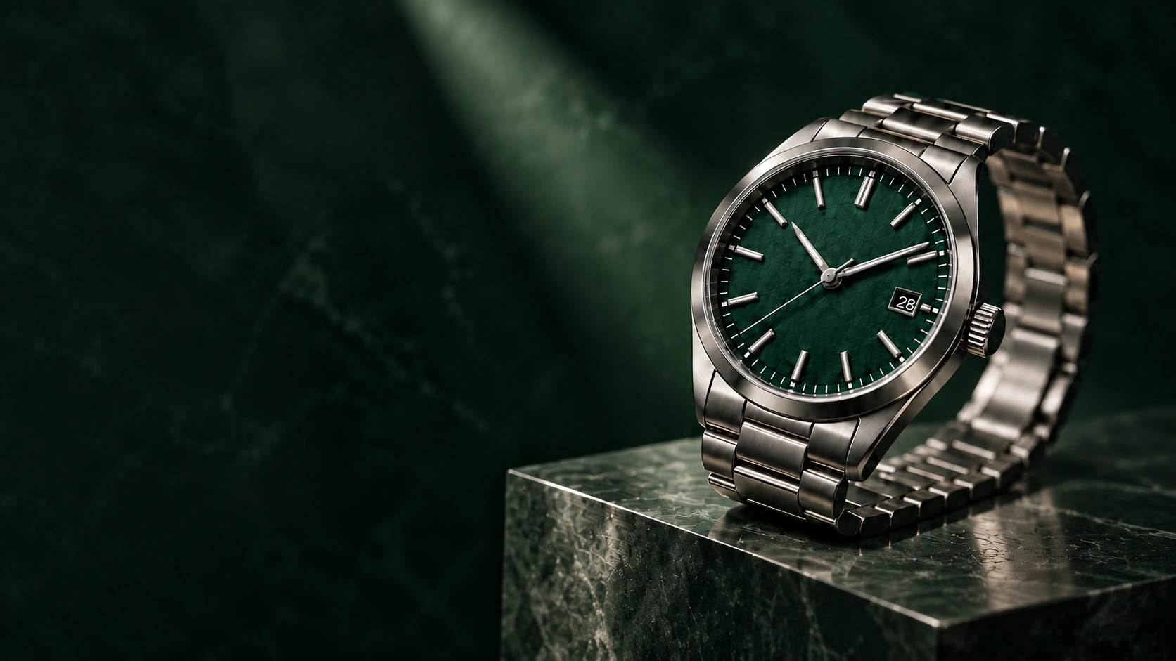 A green-dial steel watch standing on green marble
