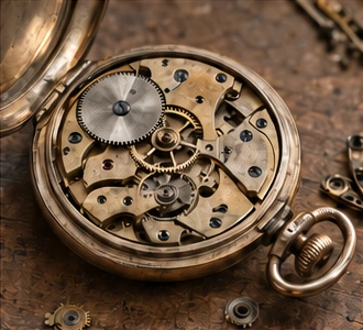 Vintage pocket-watch components on a workbench