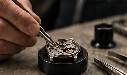 A watchmaker carefully working on a movement with tweezers
